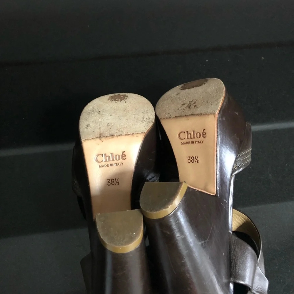 Chloé Brown Leather Platform Wedge Sandals 38.5 Made Italy Designer Heels - Picture 7 of 9